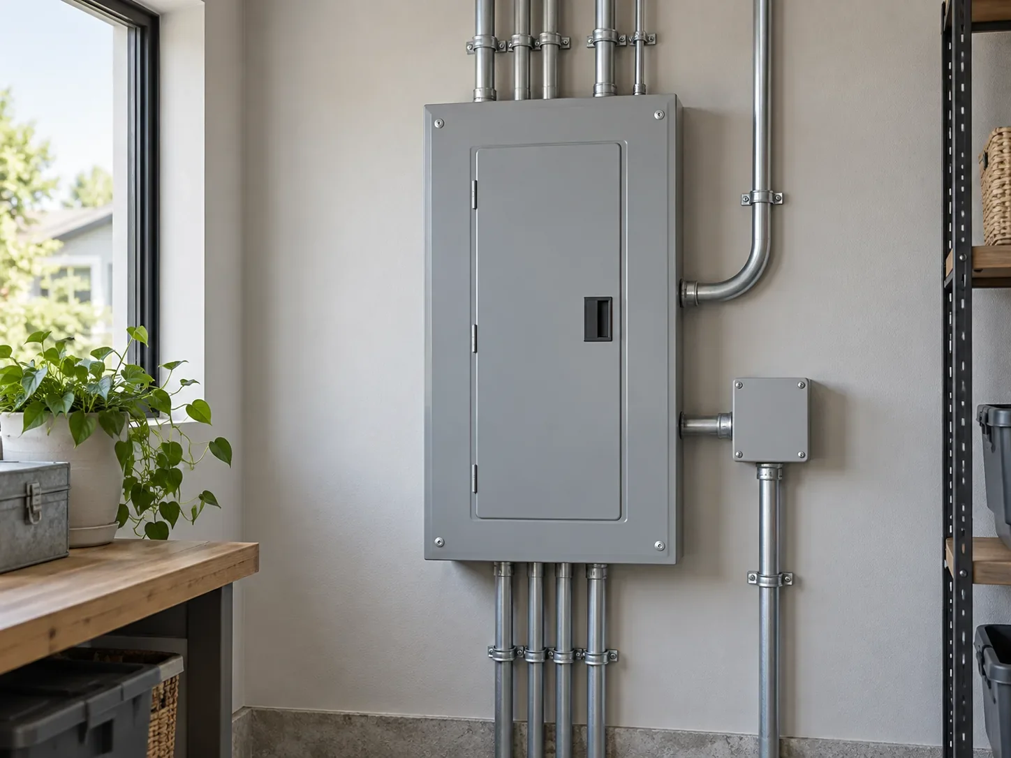 Closed electrical panel in a neat residential utility space